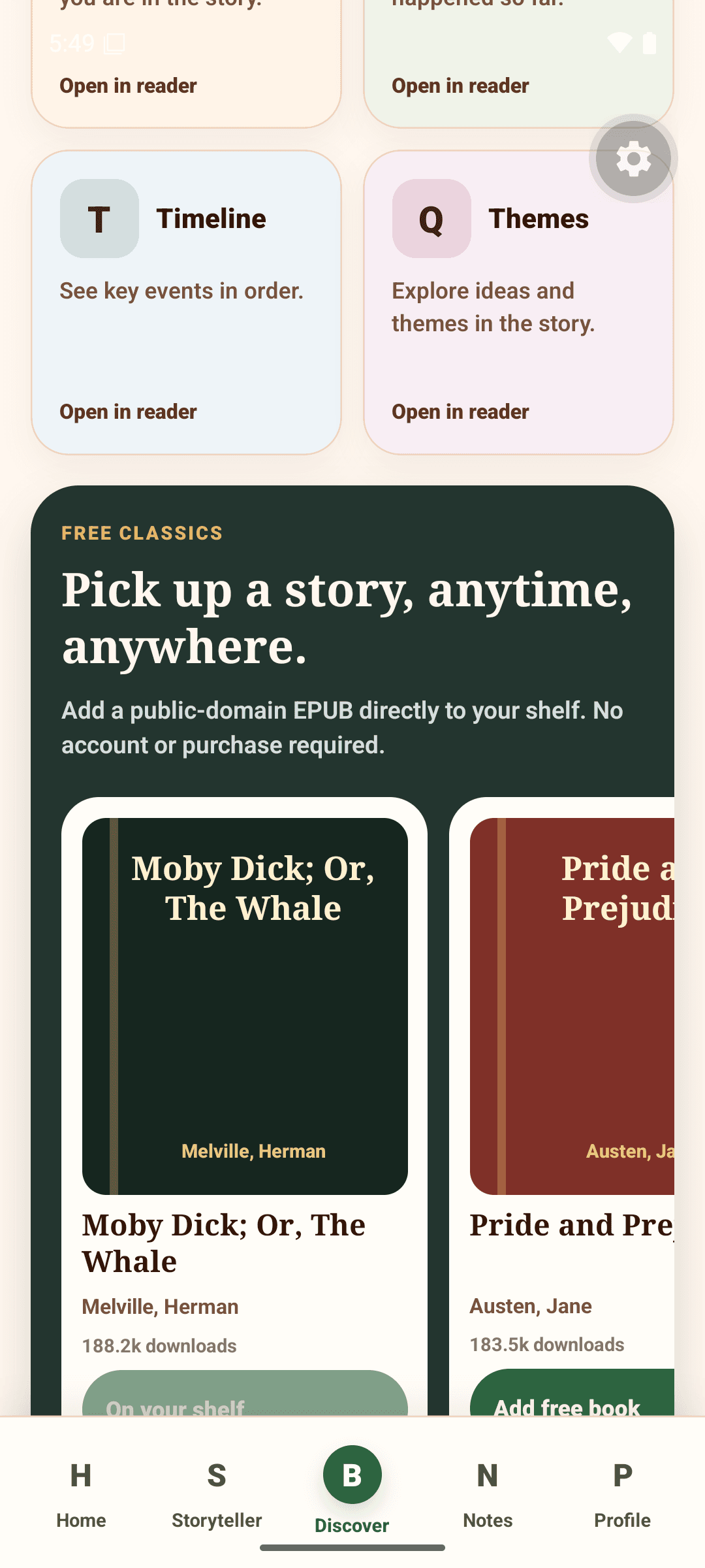 Current Storyteller Android build with Moby Dick imported and the story context tools unlocked