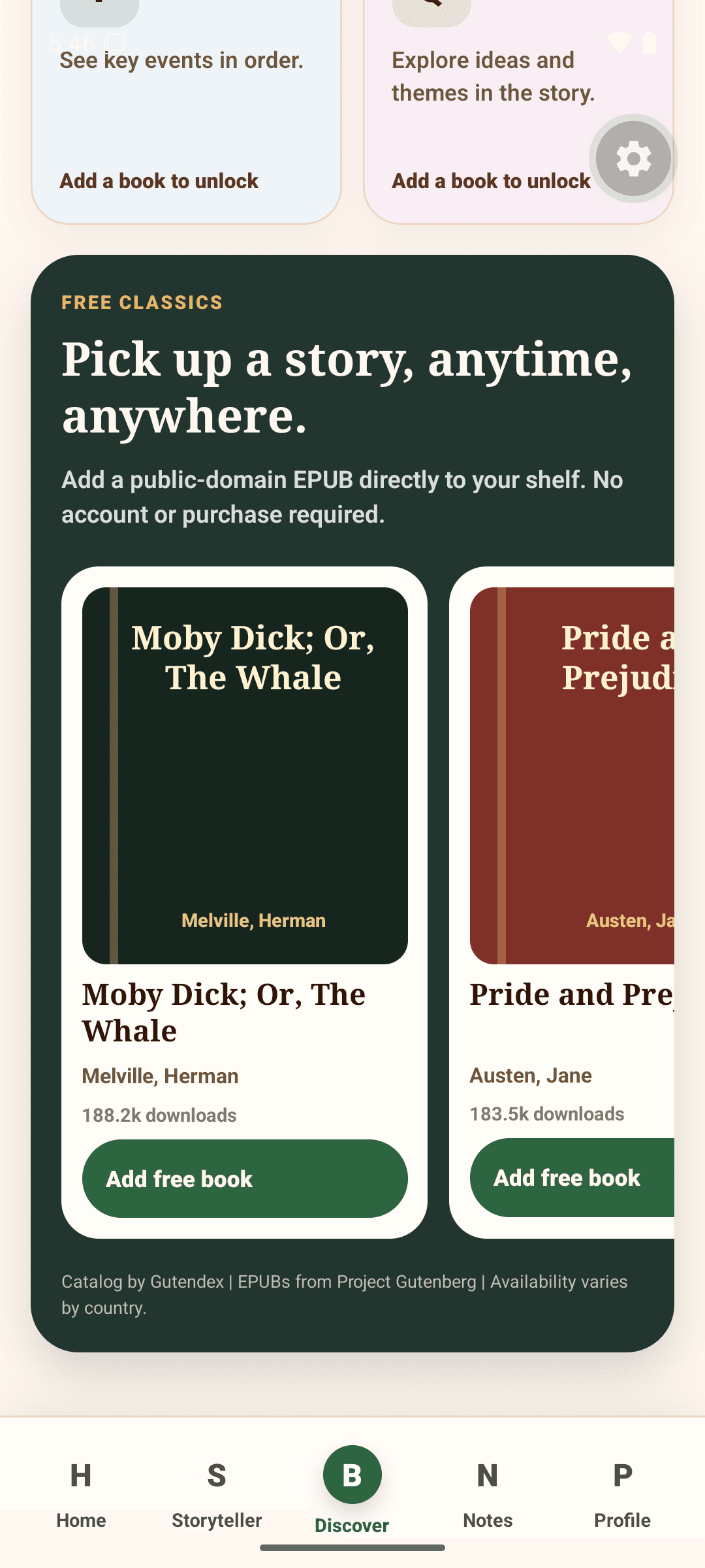 Storyteller Android app showing free Project Gutenberg books ready to add