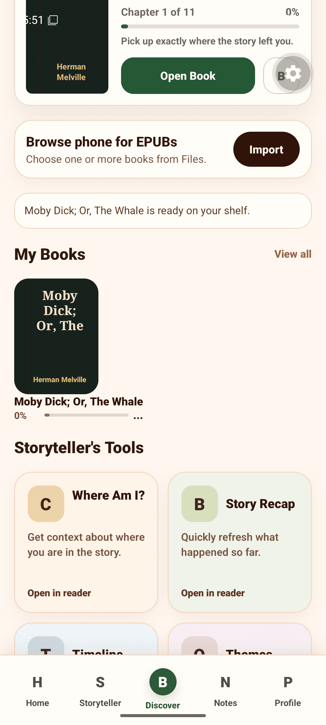 The actual Storyteller shelf with Moby Dick ready to continue