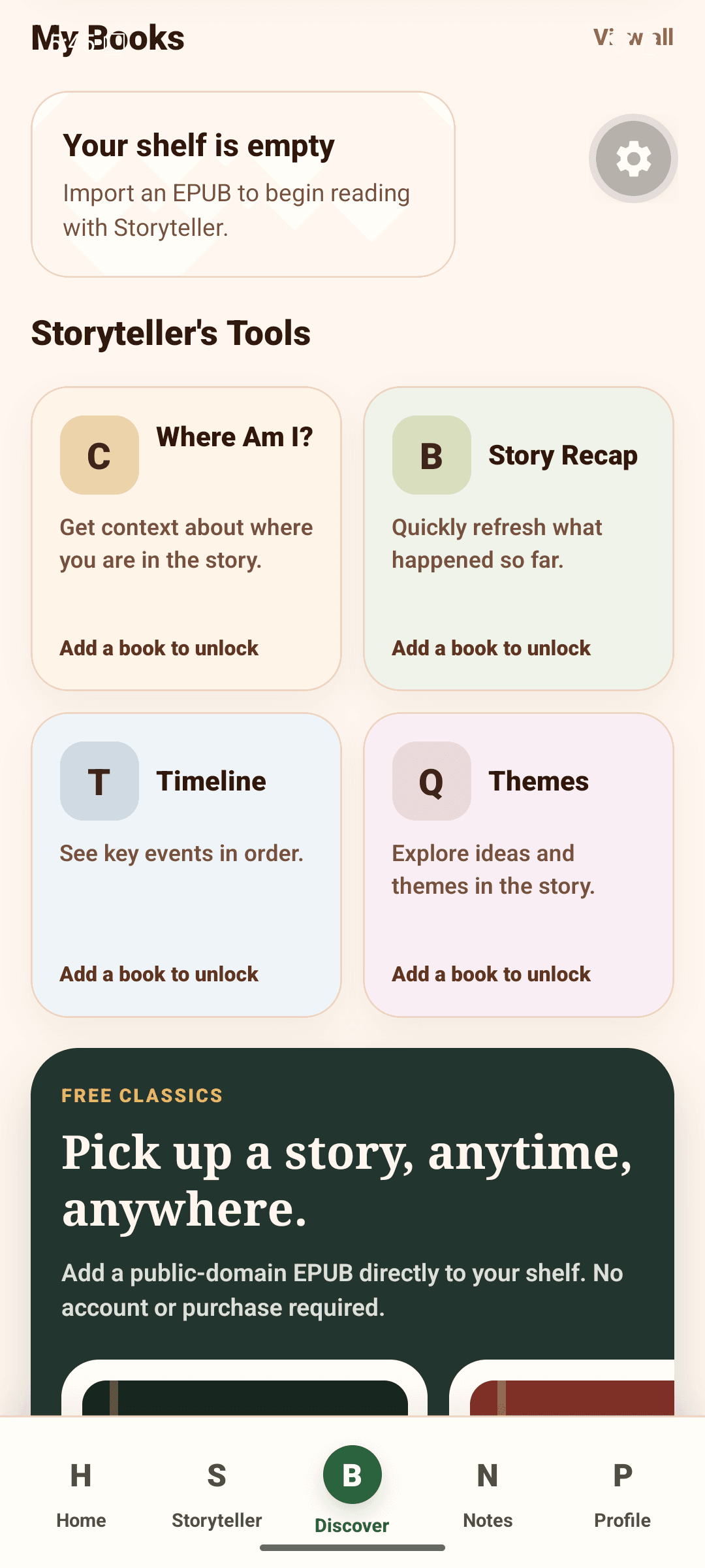 Storyteller Android app showing position-aware Story Recap and story context tools