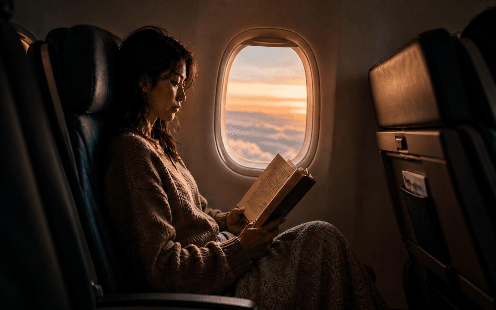 A reader immersed in a novel beside an airplane window at dawn
