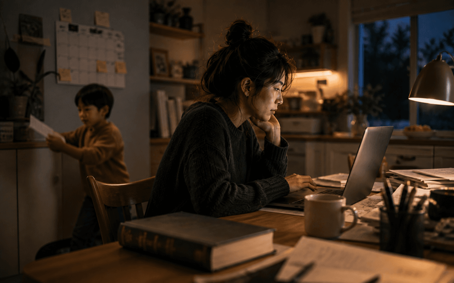 The reader working late while the closed book waits on the desk